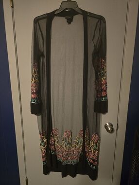 Sheer Black Embroidered Duster/Cardigan with Floral Detail